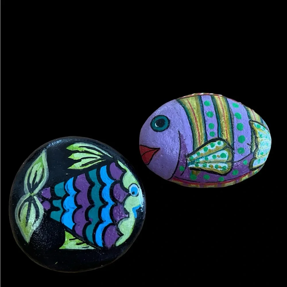 Hand crafted painted fish rocks set of 2 blue purple black yellow dots 2x2 inch